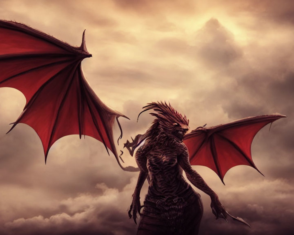 Majestic dragon with outstretched wings in dramatic cloudy sky