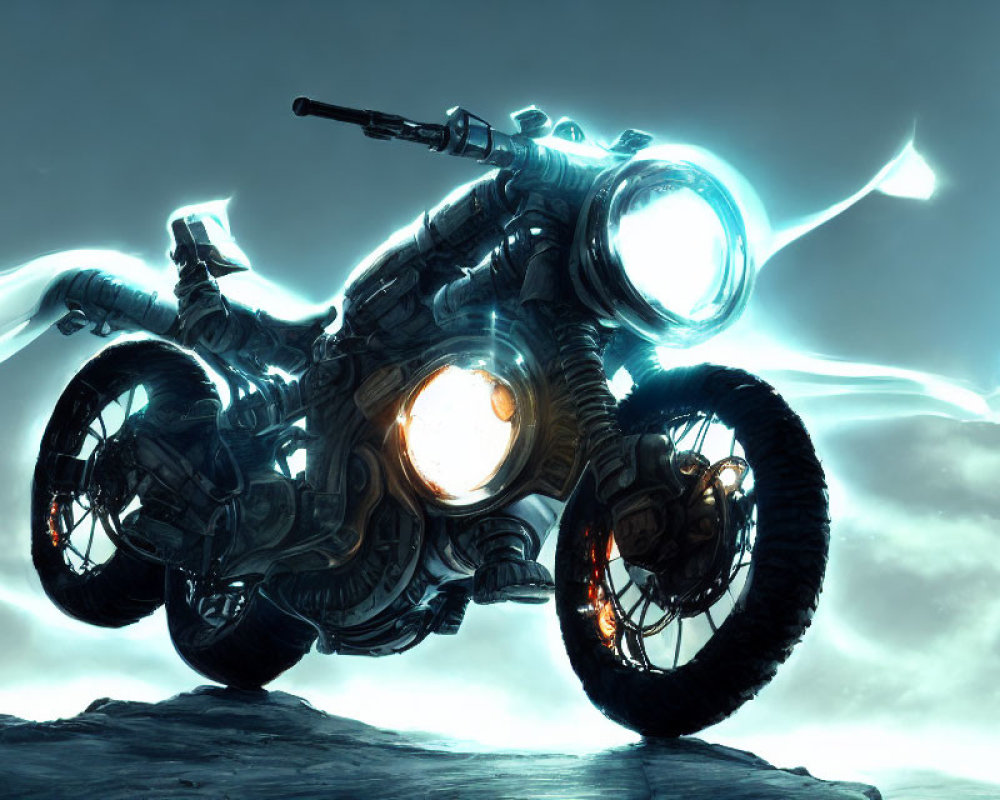Futuristic Glowing Motorcycle on Rocky Terrain under Overcast Sky