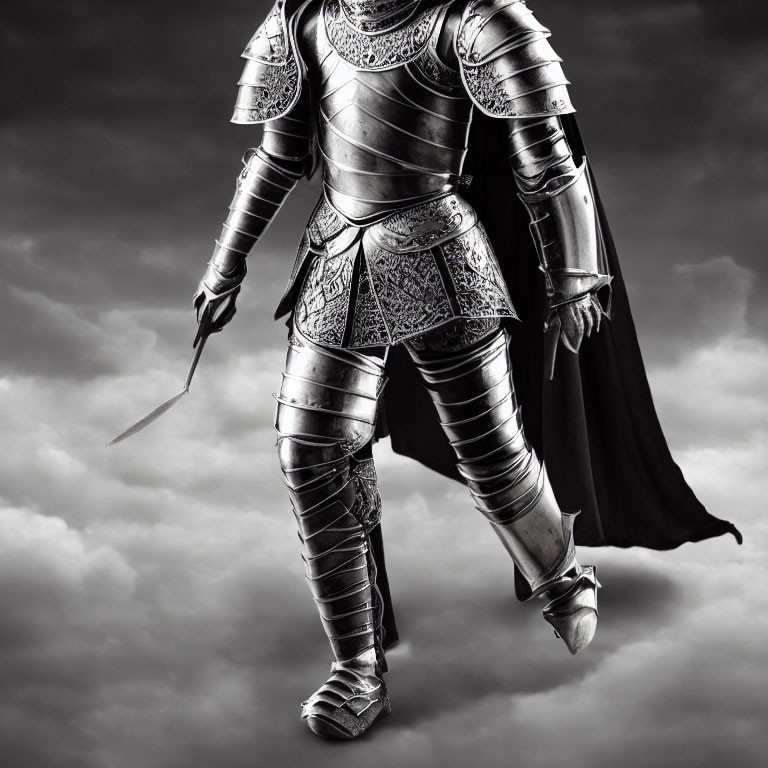 Detailed Medieval Armor Figure with Small Blade and Black Cape Against Dramatic Cloudy Sky