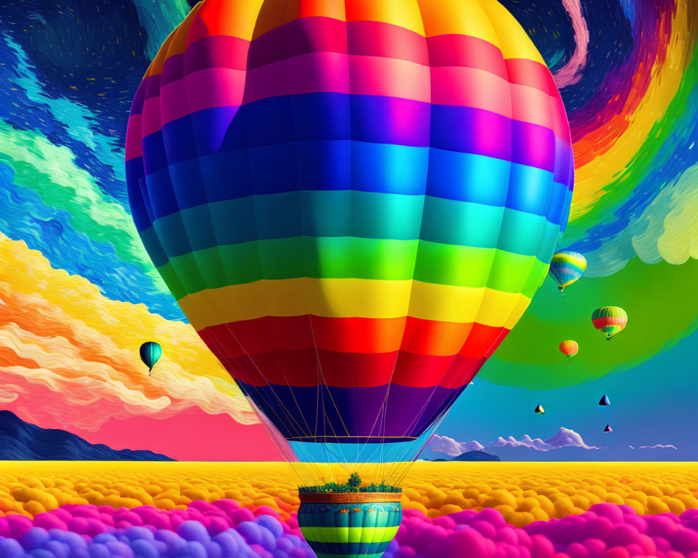 Colorful hot air balloon floating in surreal sky with swirling colors above multicolored clouds.