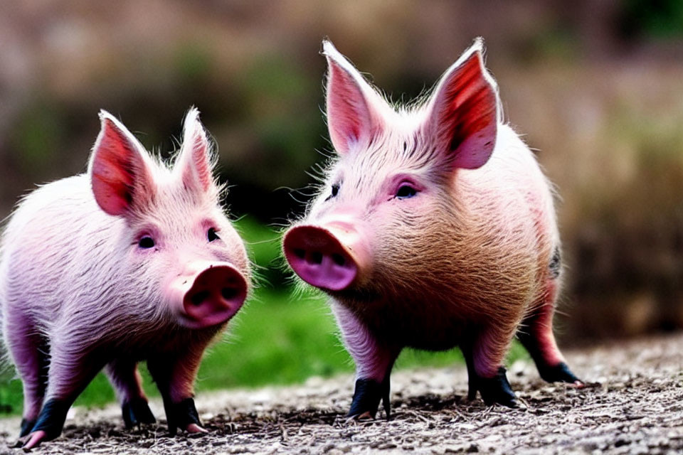 Two pink pigs on muddy ground with blurred natural backdrop