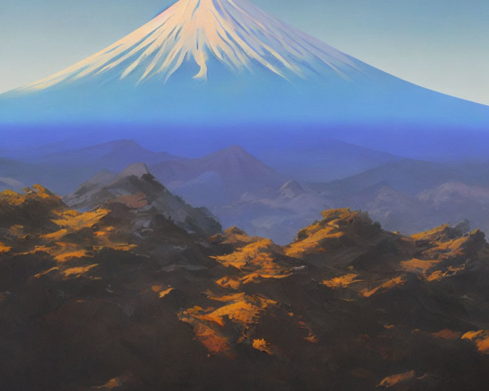 Scenic painting of Mount Fuji with autumn mountains under clear blue sky