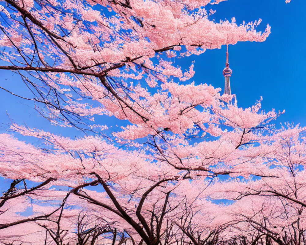Crowded cherry blossom scene with tower and blue sky