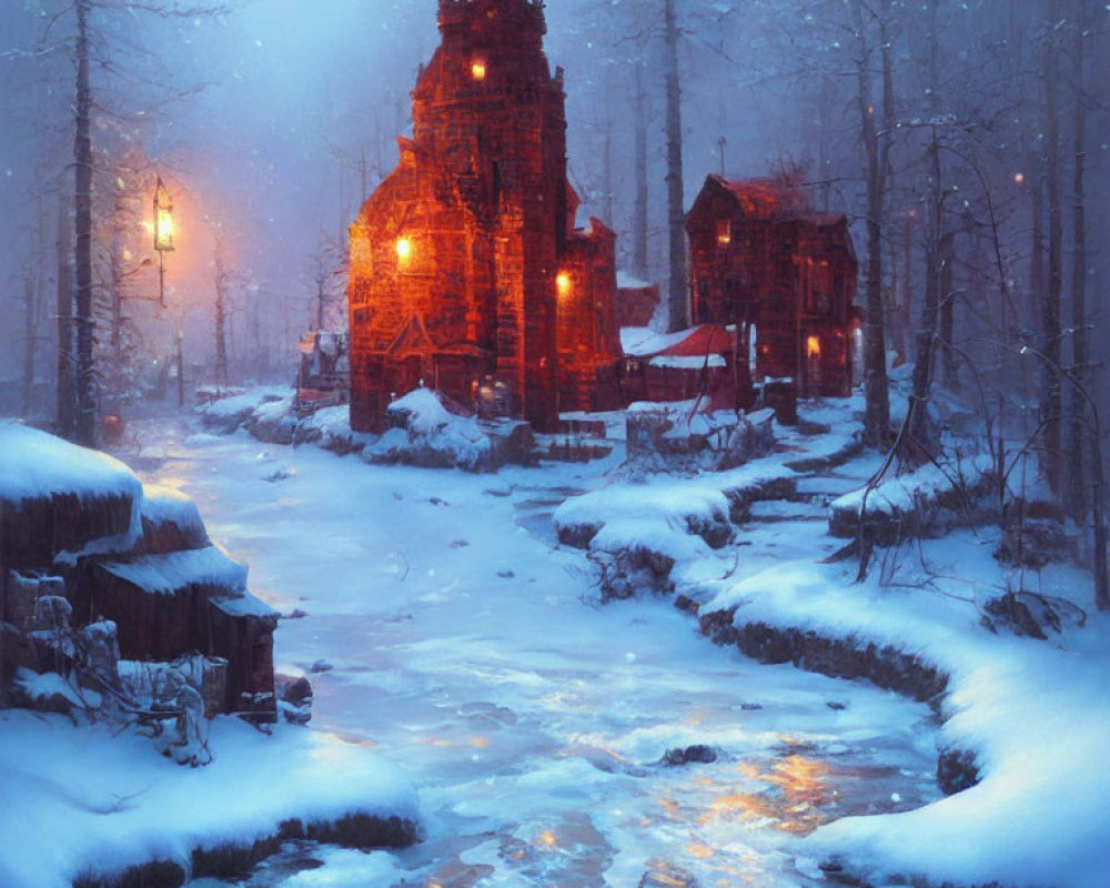Snow-covered forest stream with houses and lamppost in serene winter scene
