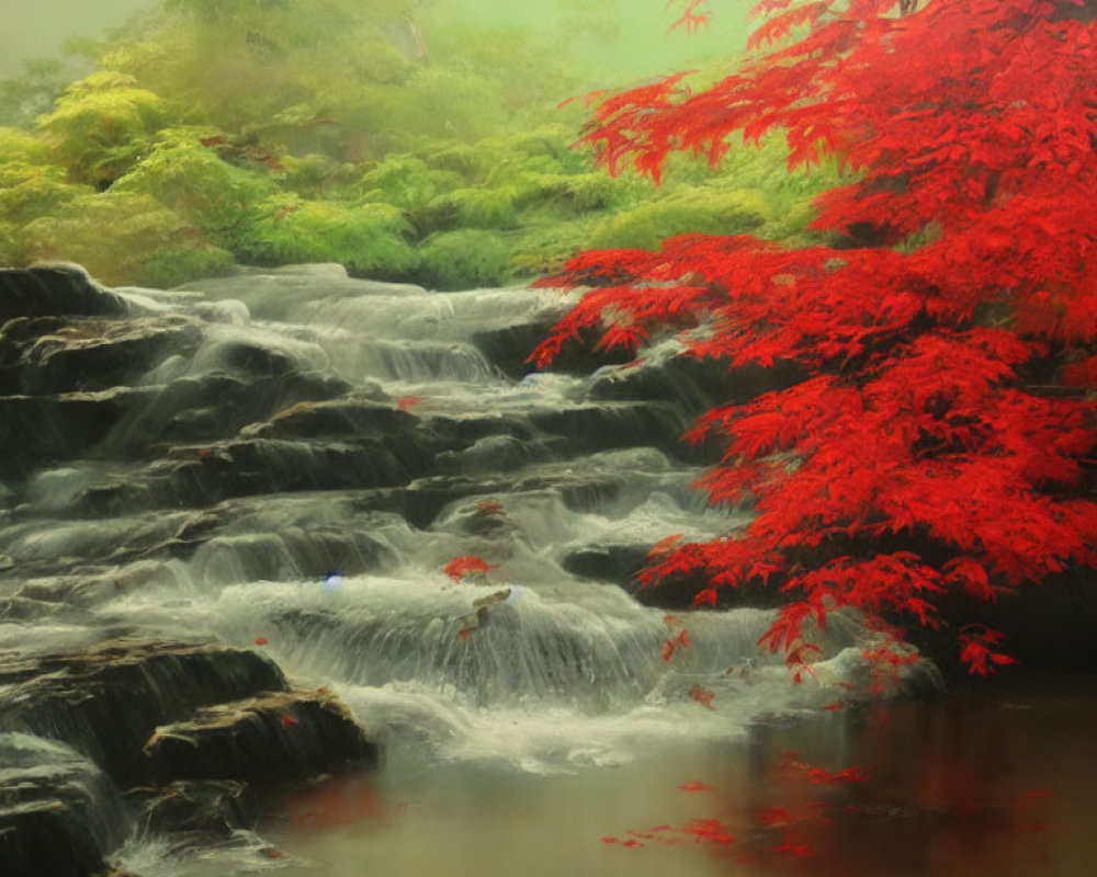 Tranquil waterfall in misty woodland with red foliage and reflection