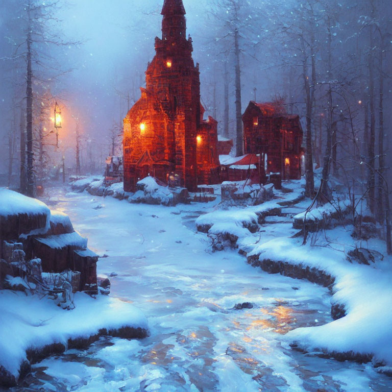 Snow-covered forest stream with houses and lamppost in serene winter scene