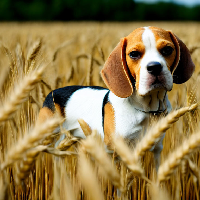Beagle in golden wheat field with white, brown, and black coat