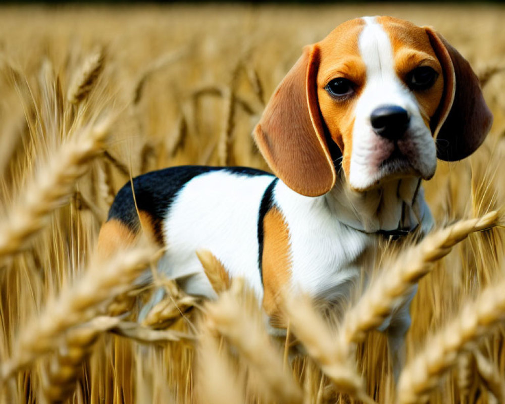 Beagle in golden wheat field with white, brown, and black coat