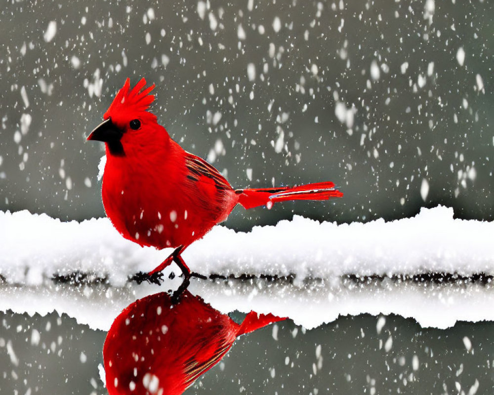 Red cardinal bird on snowy branch with falling snowflakes and reflection