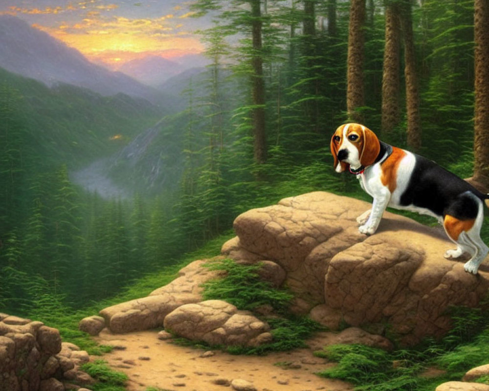 Beagle on rocky outcrop overlooking pine forest at sunset