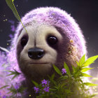Colorful Fantastical Sloth Illustration in Lush Greenery