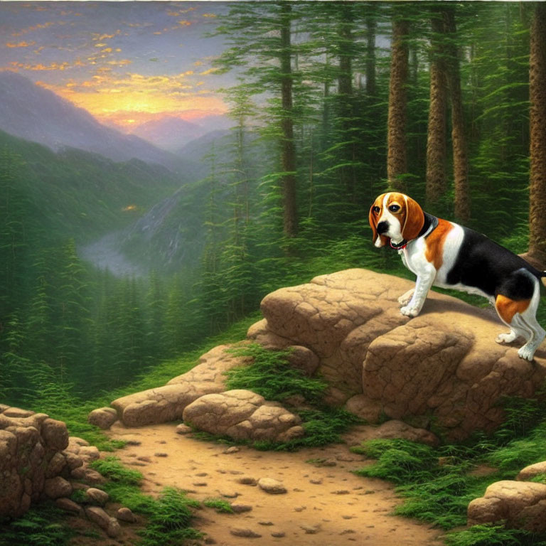 Beagle on rocky outcrop overlooking pine forest at sunset