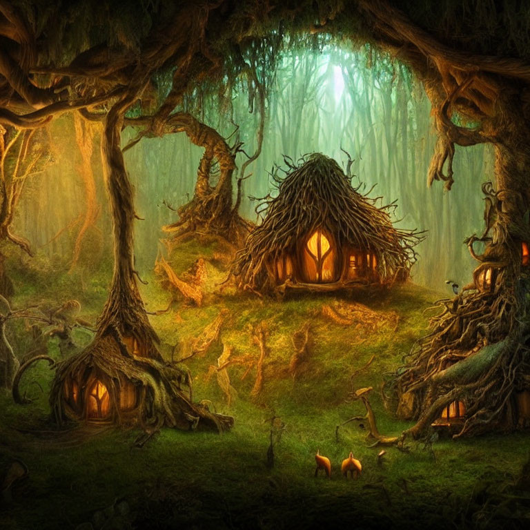 Enchanted forest scene with whimsical treehouses and glowing windows