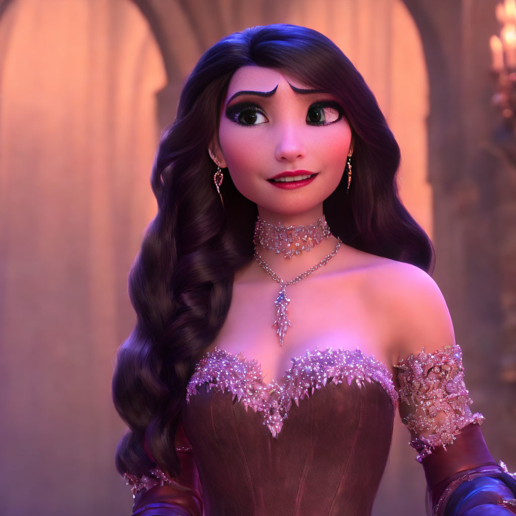 Long-haired female animated character in purple dress with sparkling bodice and jeweled accessories.