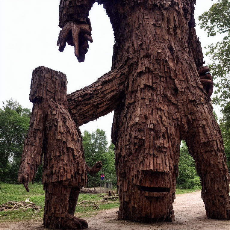 Forest-themed large wooden sculptures with humanoid tree giants and smaller figure.