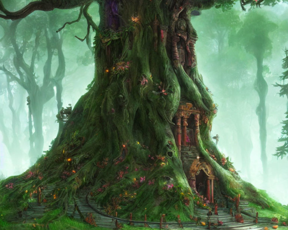 Enchanted tree house surrounded by greenery and mist