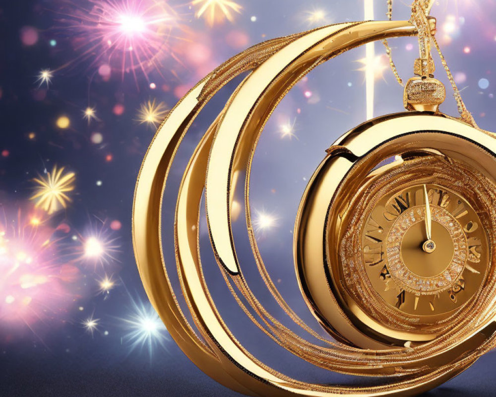 Golden pocket watch with open cover floating in starry bokeh lights