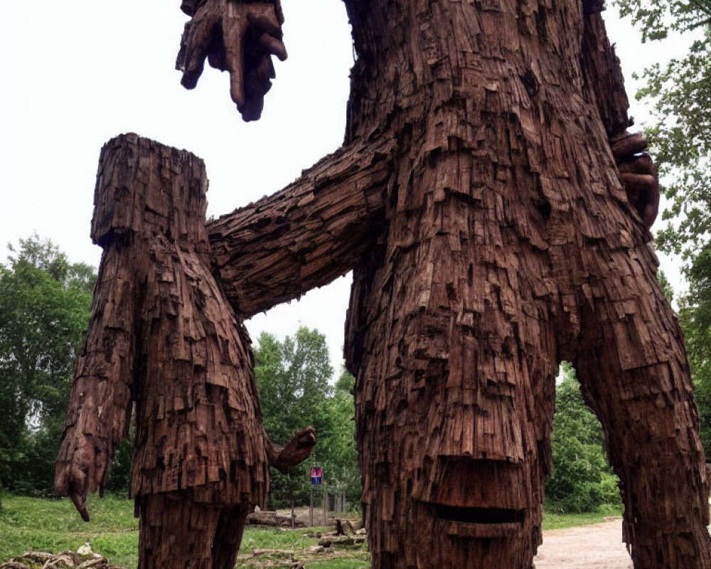 Forest-themed large wooden sculptures with humanoid tree giants and smaller figure.