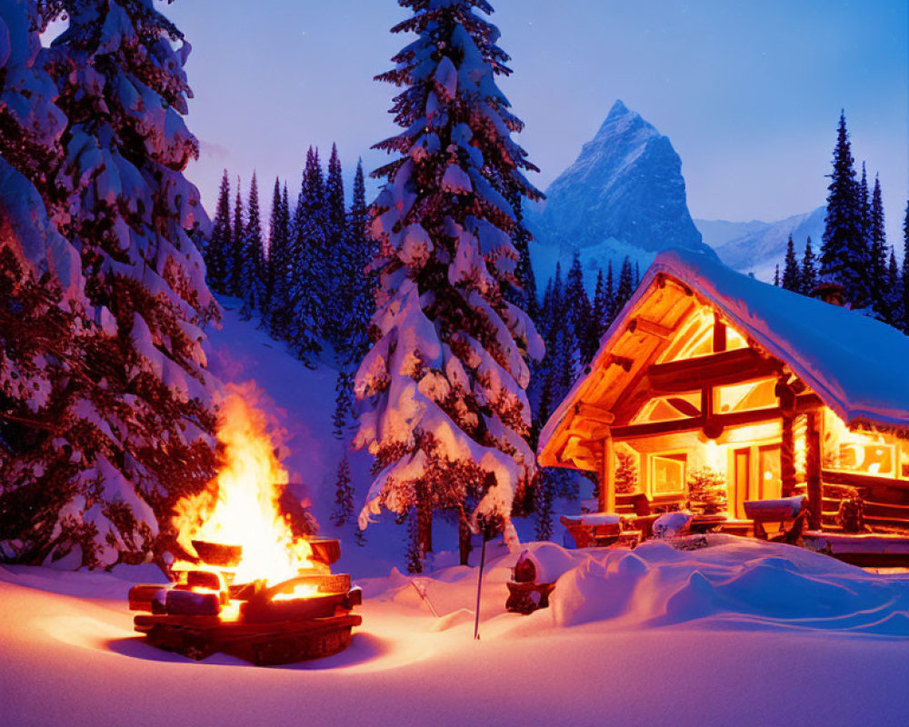 Snowy landscape: Cozy wooden cabin, bonfire, mountain peak at dusk