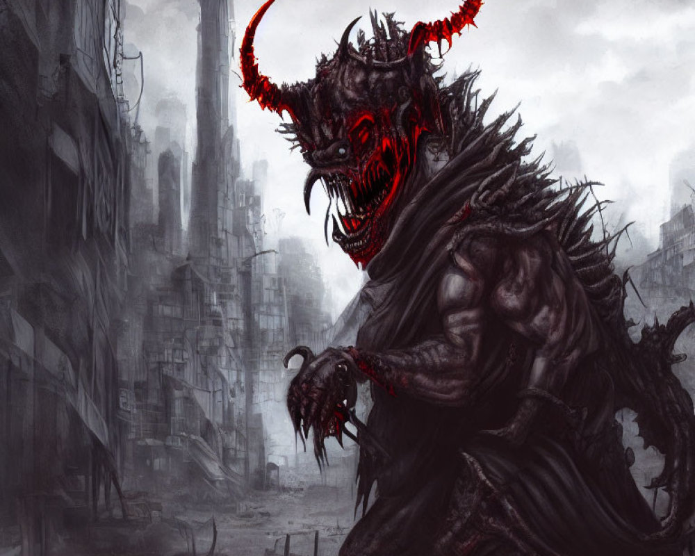 Sinister demon with red glowing eyes and horns in desolate cityscape