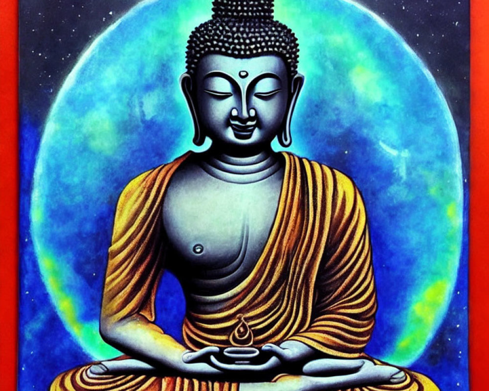 Serene Buddha Meditation Illustration in Orange Robe and Blue Aura