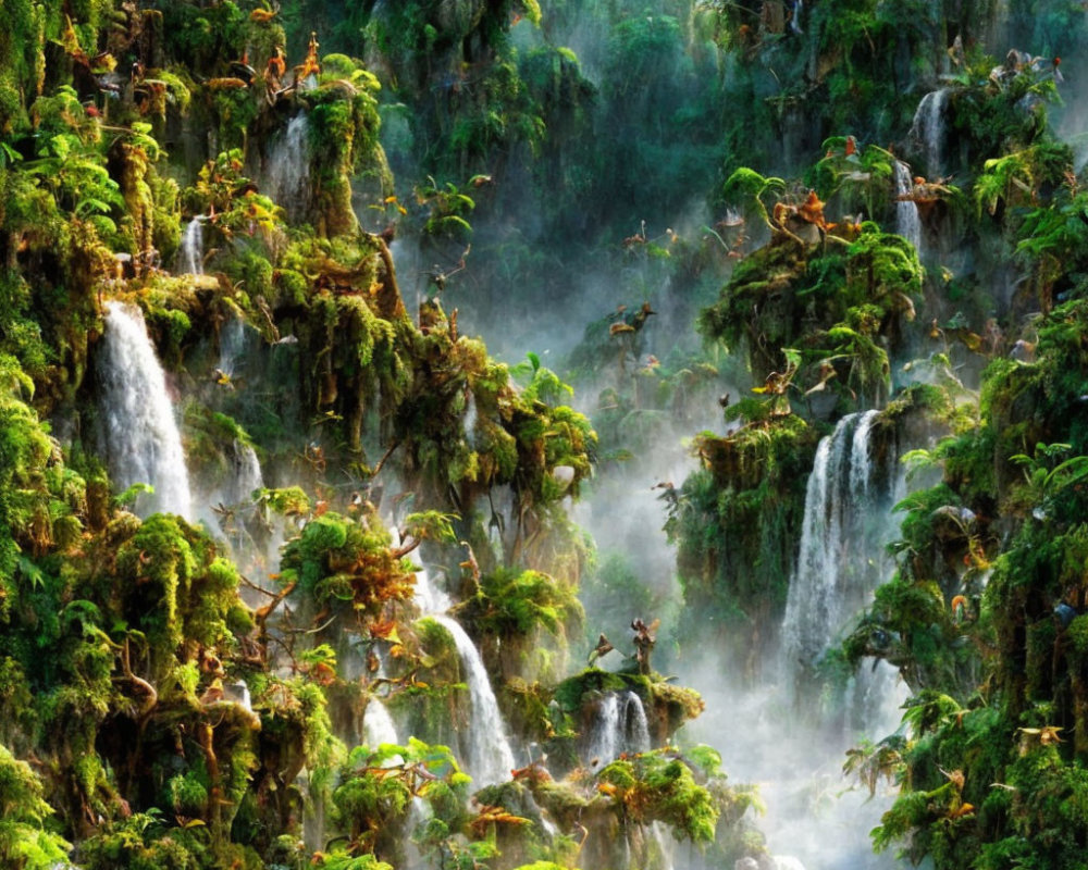 Tranquil forest scene: misty waterfalls, lush greenery, moss-covered rocks