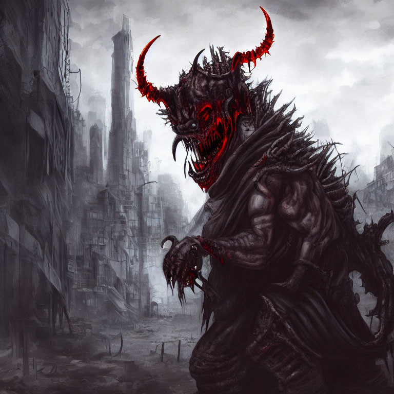 Sinister demon with red glowing eyes and horns in desolate cityscape