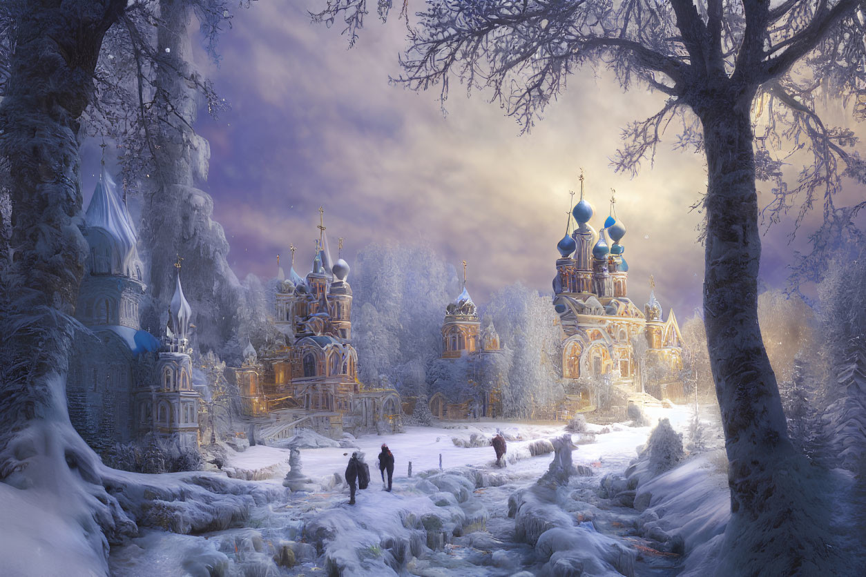 Snow-covered trees and ornate buildings with golden domes in enchanting winter scene