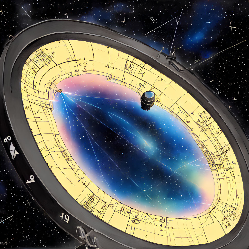 Circular spacecraft with transparent dome displaying colorful nebula and stars in space.
