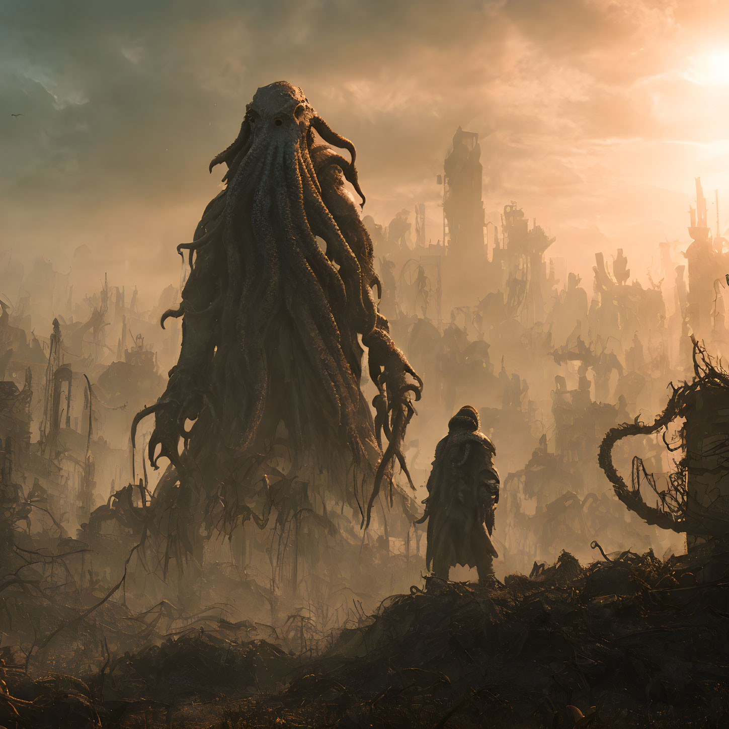 Cloaked Figure Confronts Giant Tentacled Creature in Dystopian Landscape