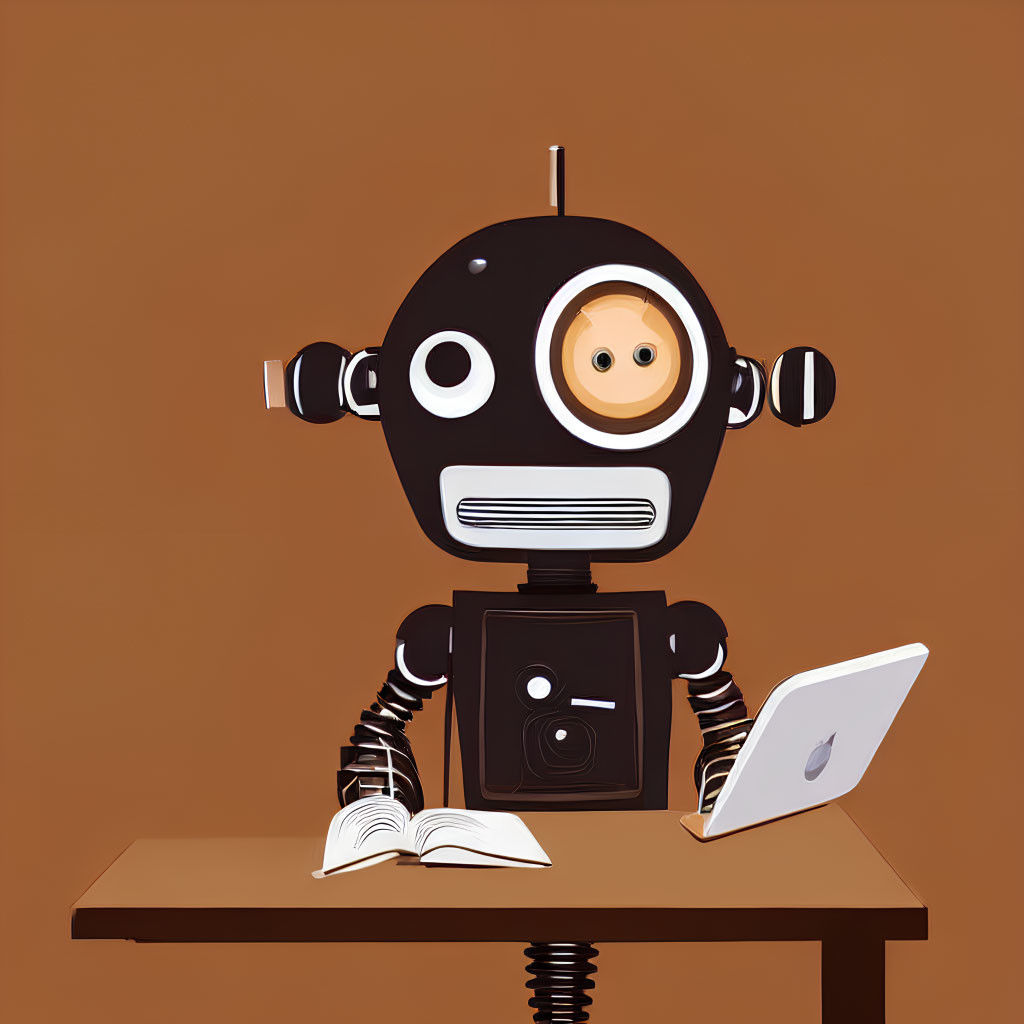 Vintage-style robot with one large eye at desk with open book and laptop