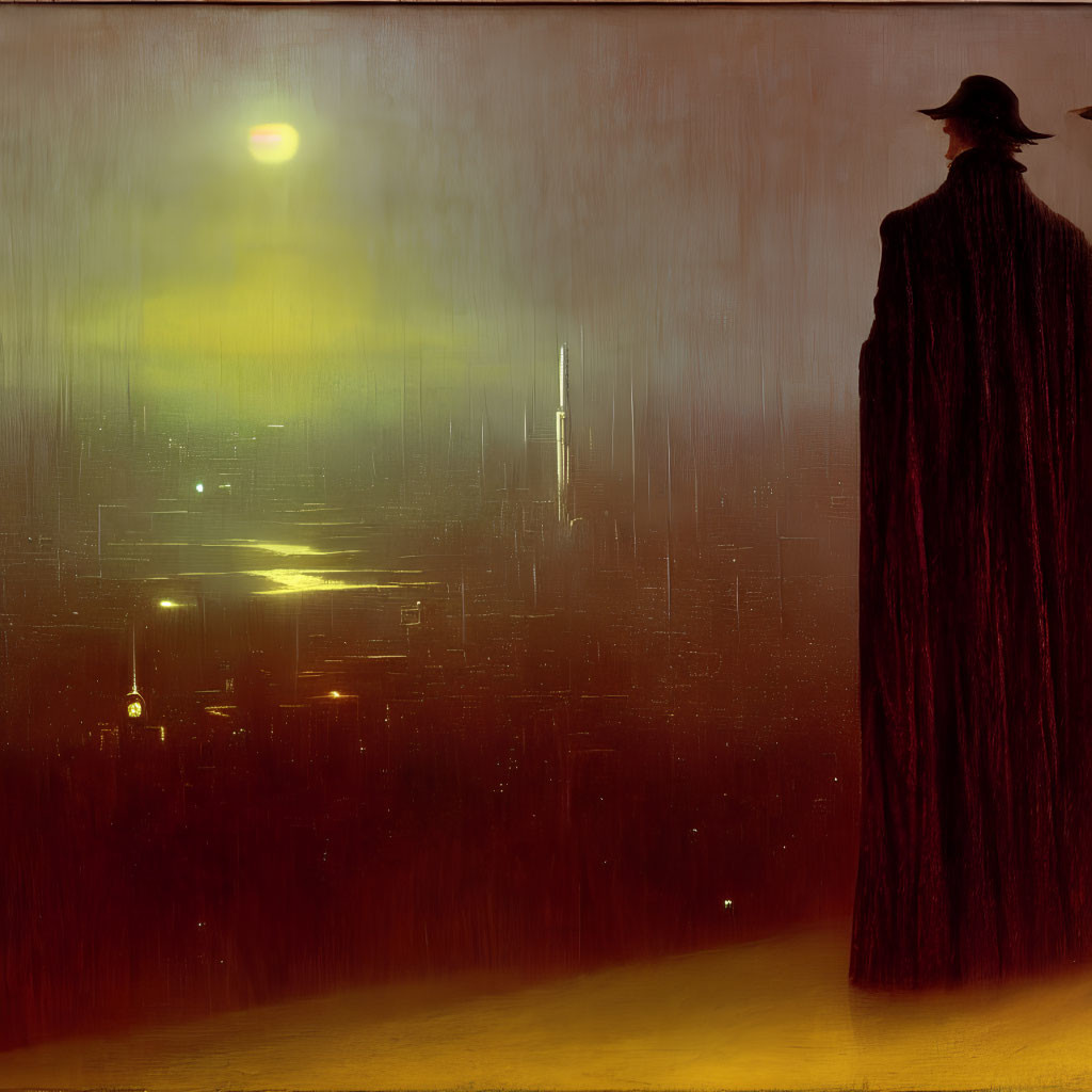Silhouette of person in wide-brimmed hat overlooking futuristic cityscape at night
