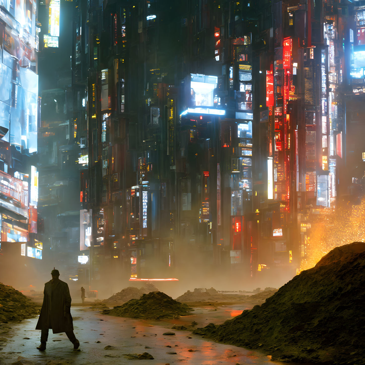 Figure walking in neon-lit dystopian cityscape among misty skyscrapers