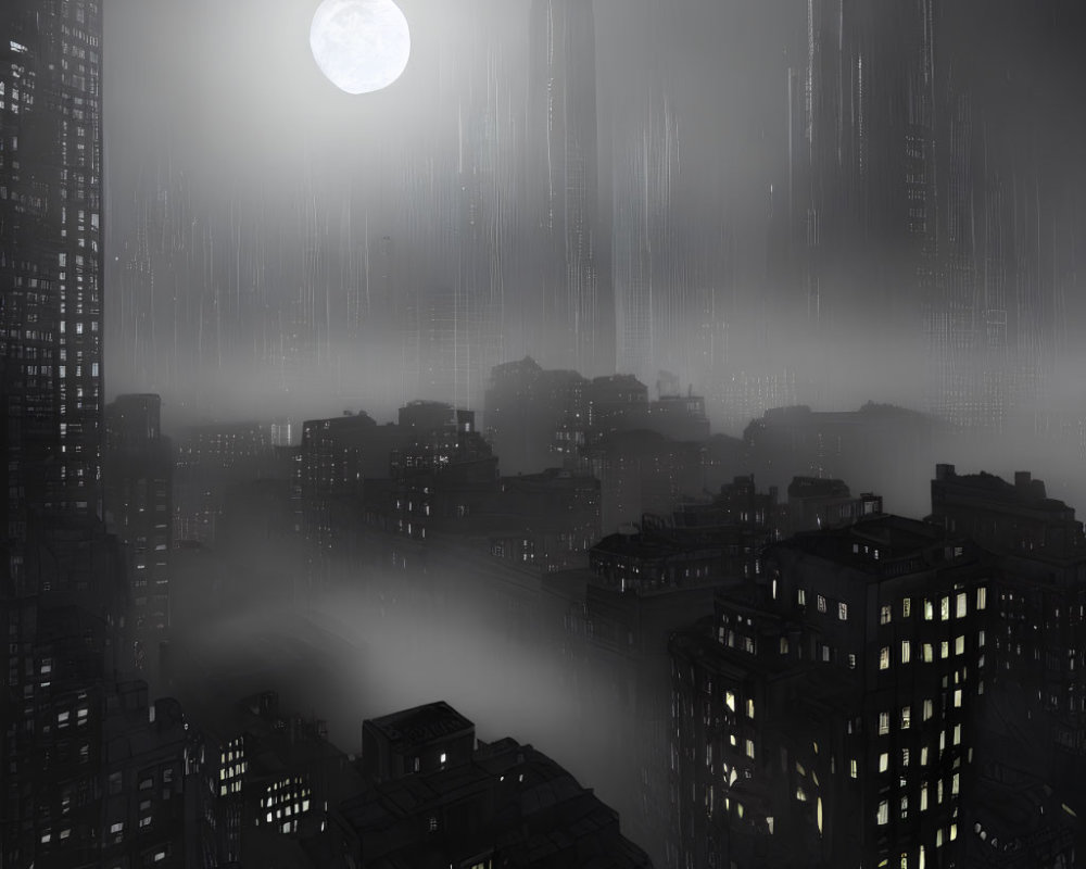 Nocturnal cityscape with fog, full moon, and glowing skyscrapers