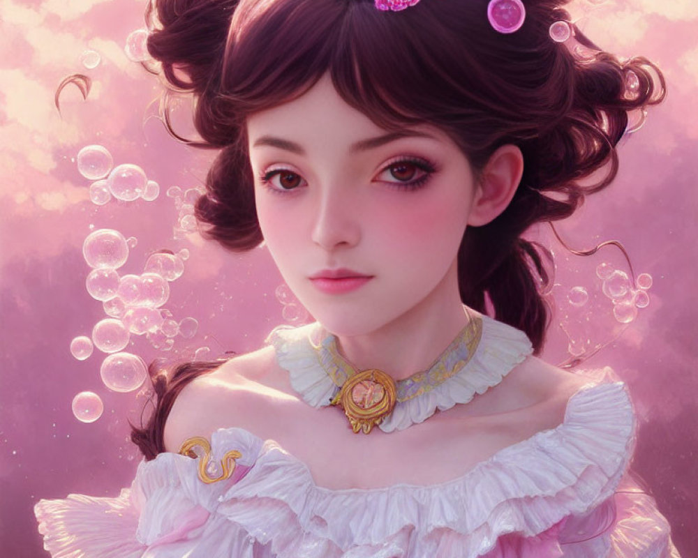 Digital artwork of young woman with pink rose hair accessories and frilly dress in bubble-filled scene on pink