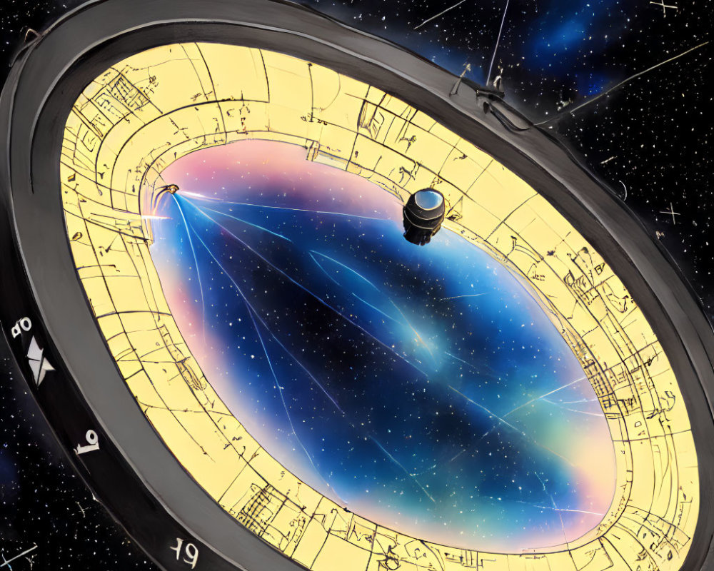 Circular spacecraft with transparent dome displaying colorful nebula and stars in space.