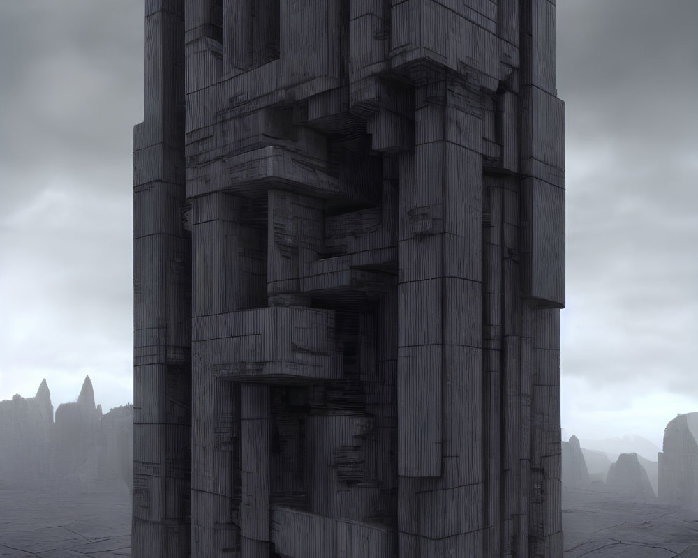 Weathered monolithic tower in desolate landscape under gloomy sky