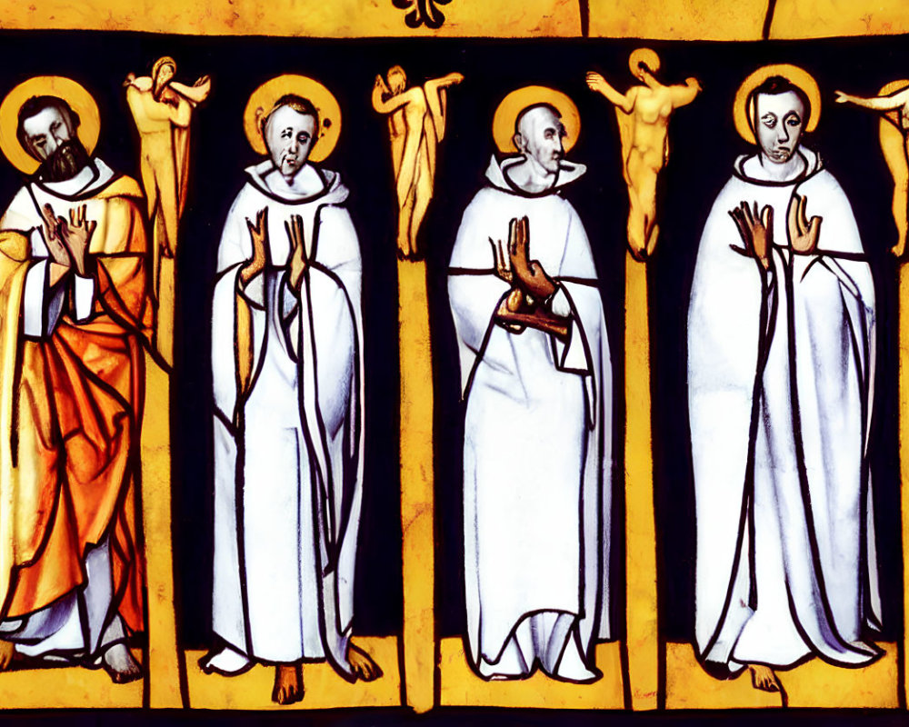 Gothic stained glass window with four saintly figures in halos and robes