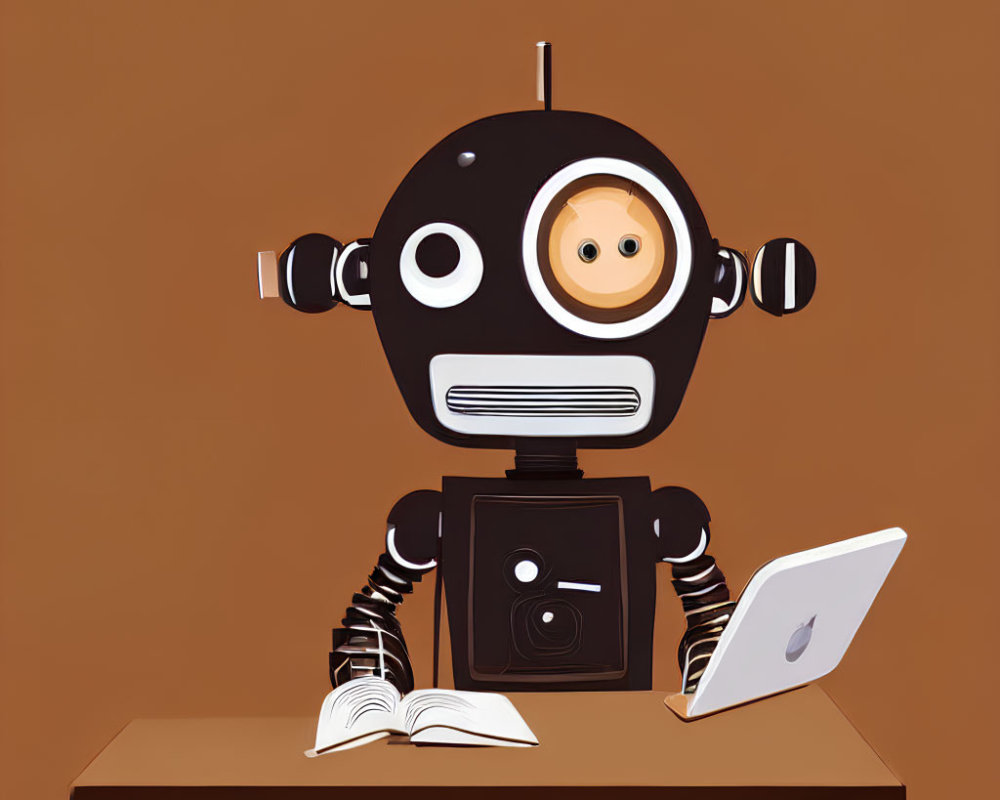 Vintage-style robot with one large eye at desk with open book and laptop