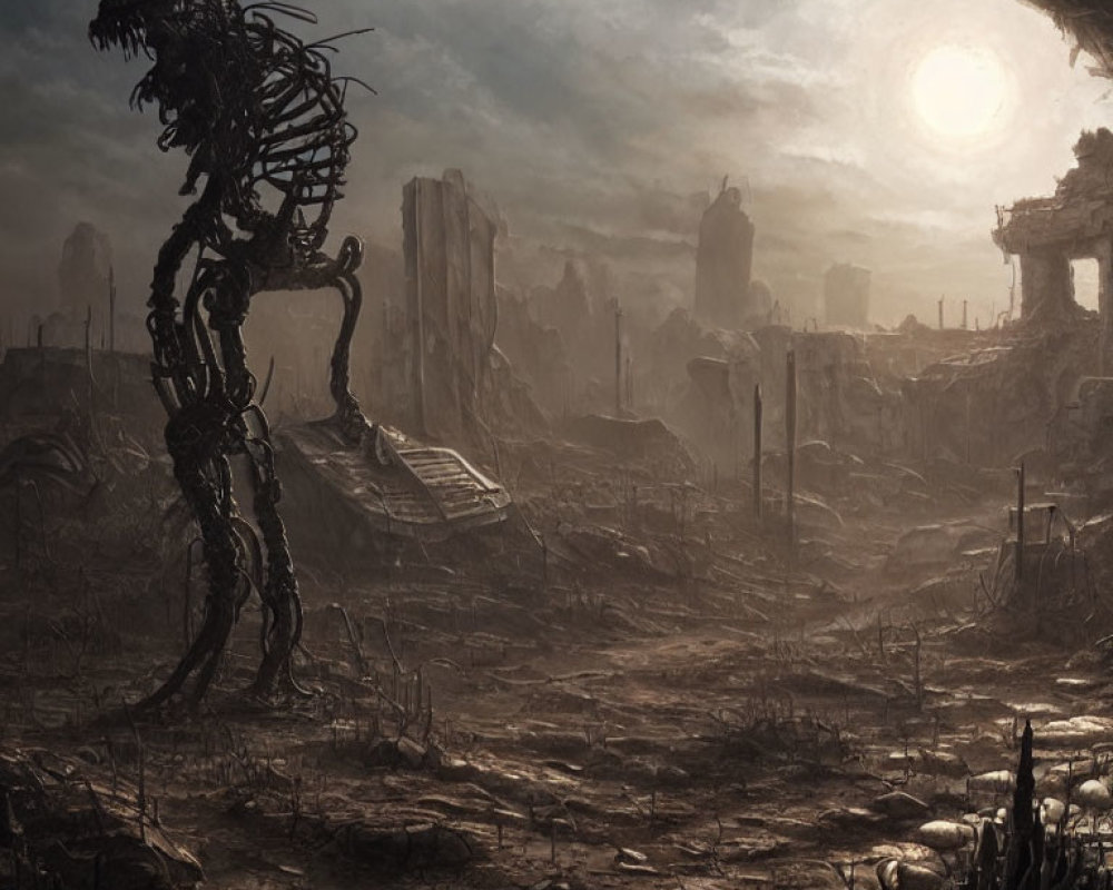 Desolate apocalyptic landscape with ruins and skeletal figure.