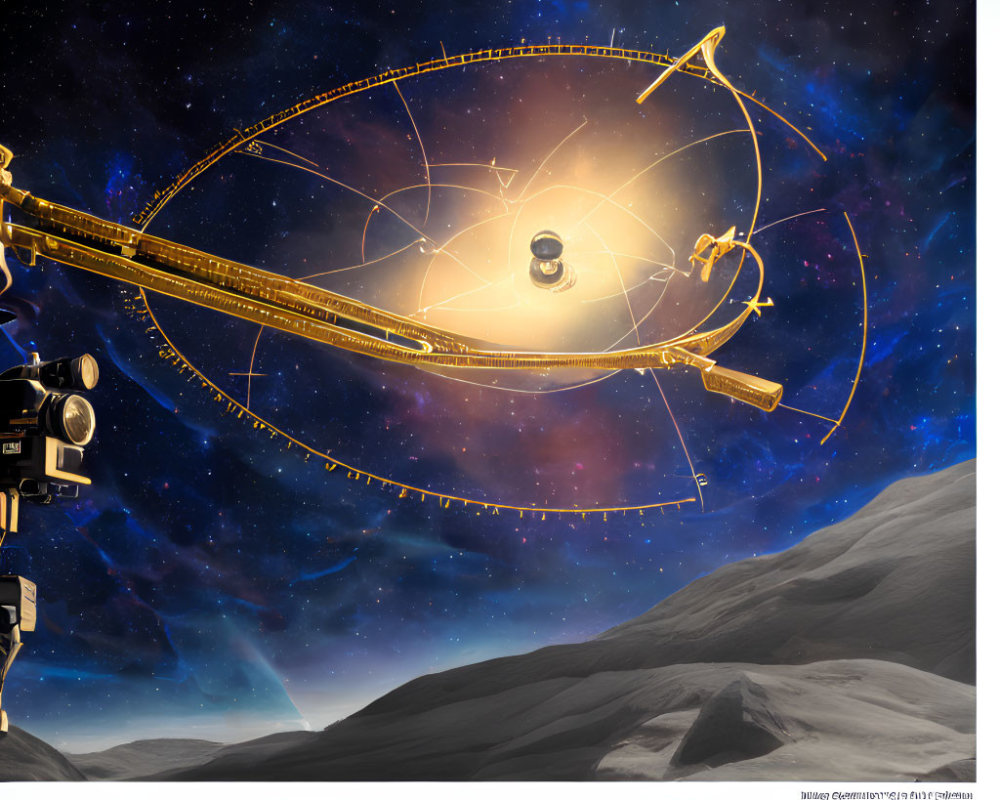 Golden astrolabe digital illustration with cosmic background and celestial elements.