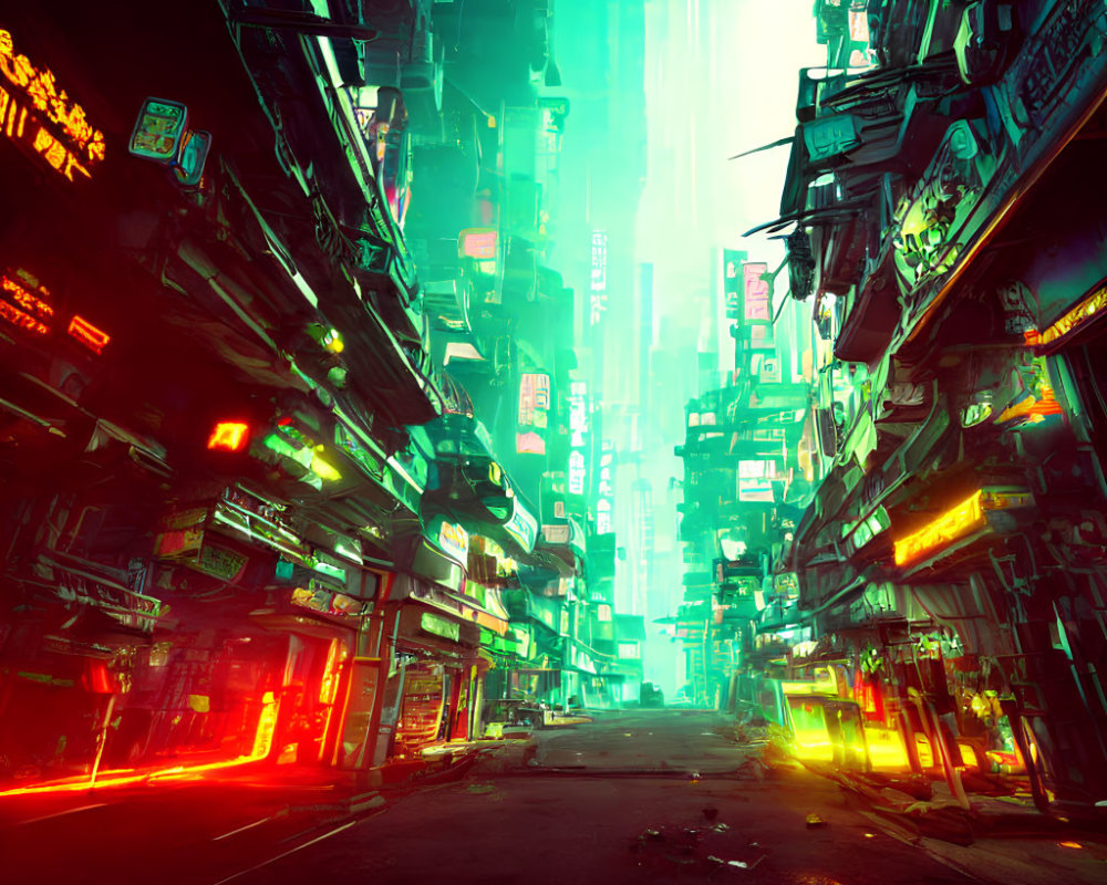 Futuristic neon cityscape with towering buildings and eerie lights