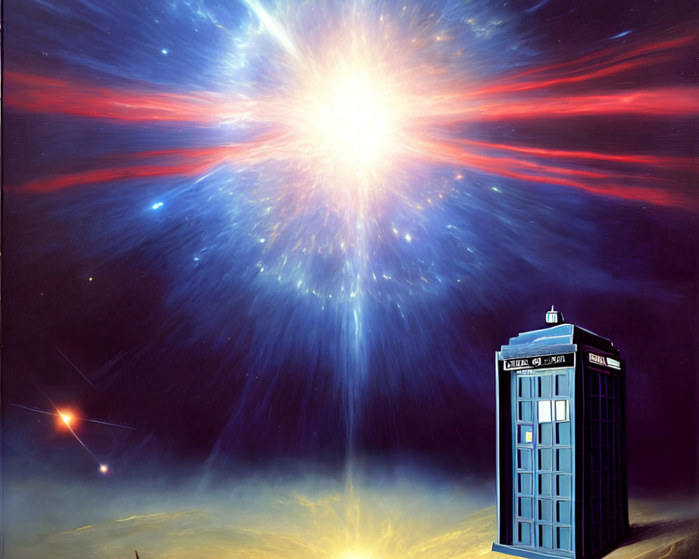 Cosmic scene with starburst, distant sun, silhouettes, and blue police box