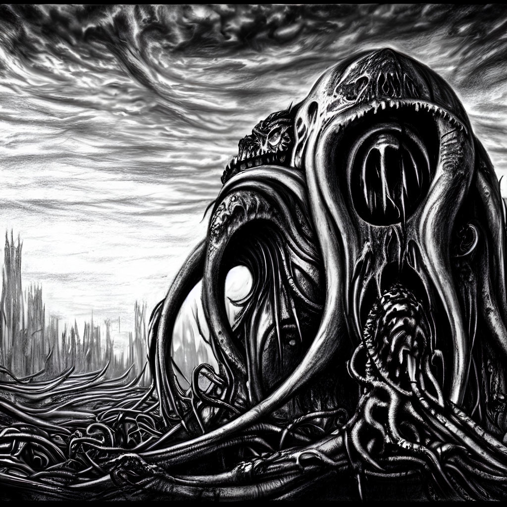 Monochrome image of ominous octopus-like creature in desolate landscape