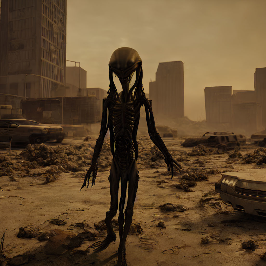 Elongated Limbed Alien Creature in Post-Apocalyptic Cityscape