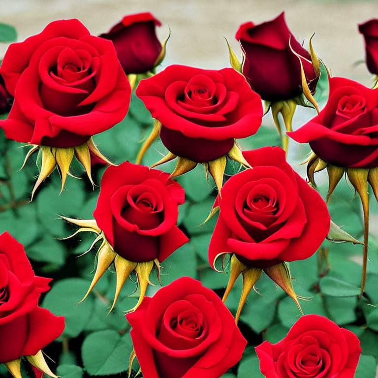 Cluster of Vibrant Red Roses with Green Leaves and Thorns on Muted Background