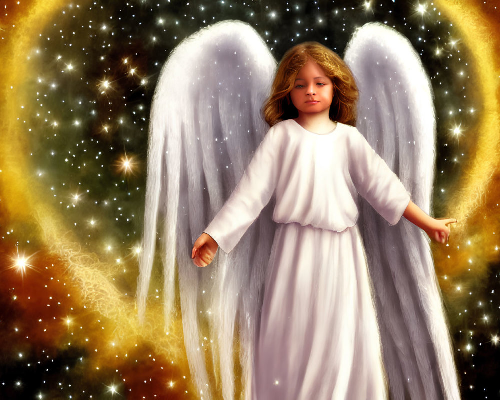 Child with Large Feathery Wings in White Robe Against Cosmic Backdrop