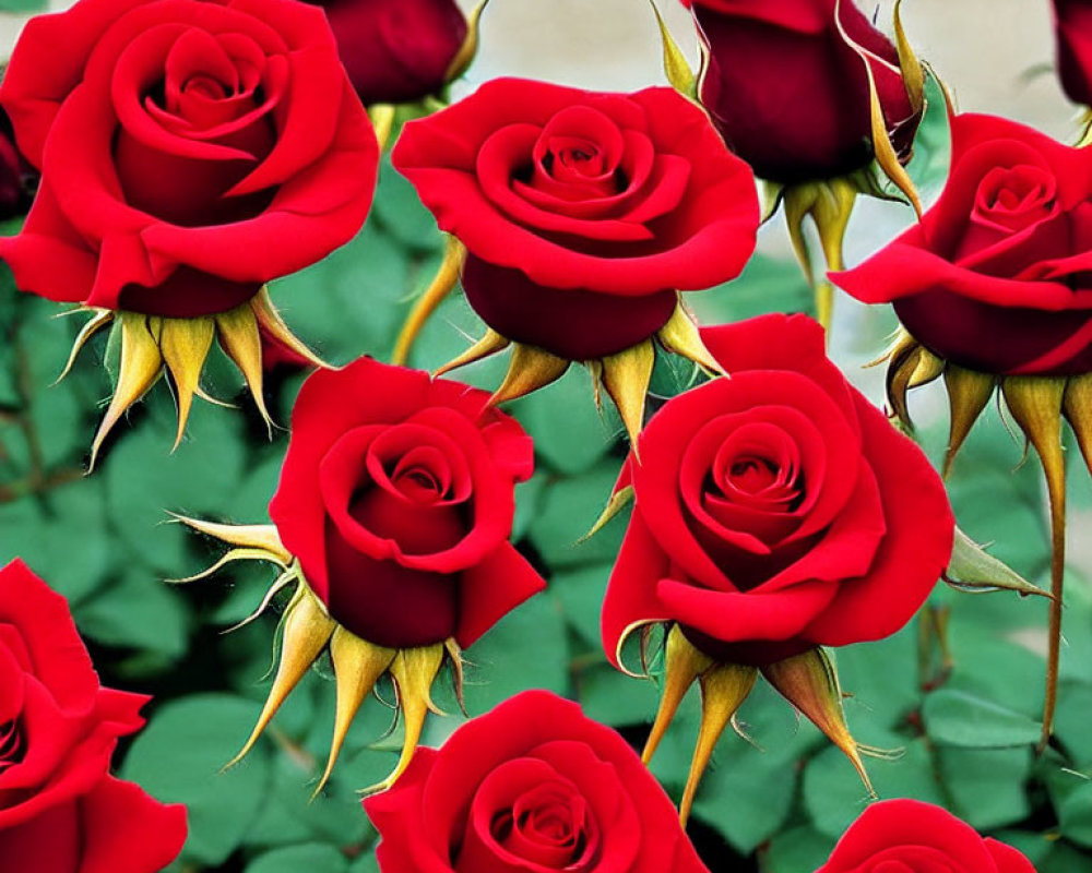 Cluster of Vibrant Red Roses with Green Leaves and Thorns on Muted Background