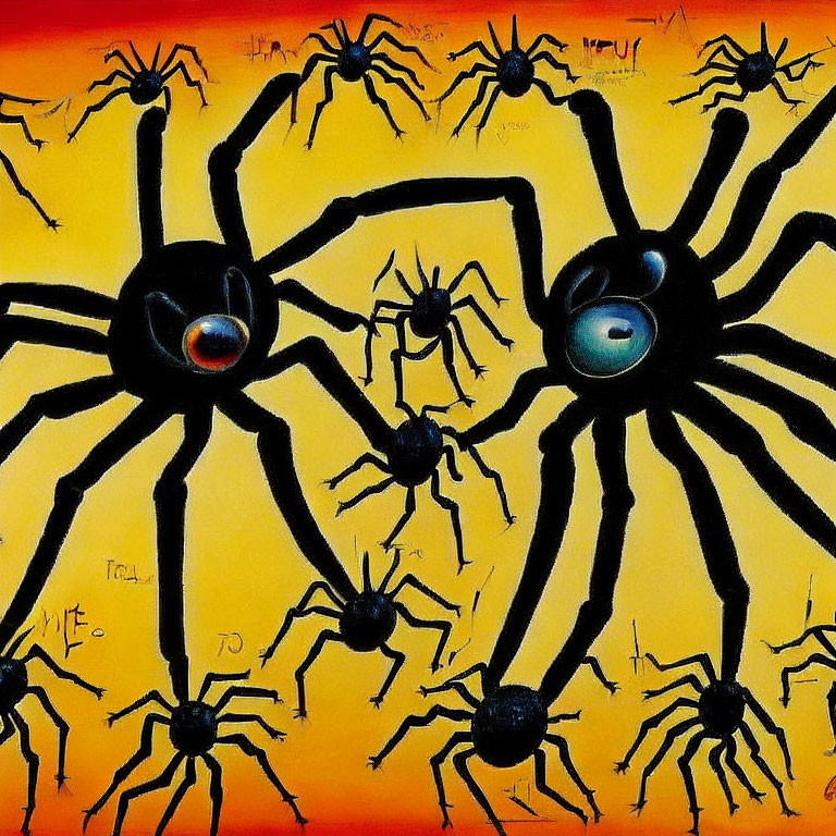 Stylized black spiders with prominent eyes on yellow-orange gradient background