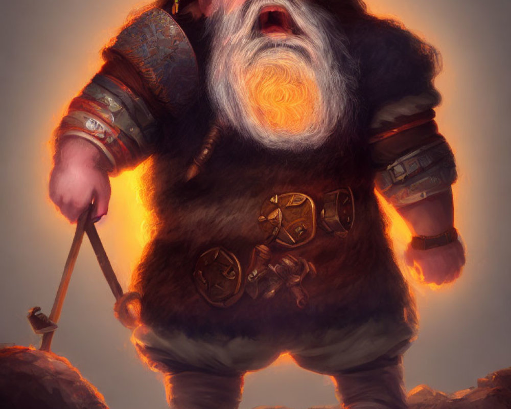 Formidable dwarf with glowing beard and hammer in ornate armor against smoky background